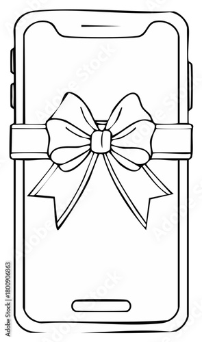 Smartphone Gift Outline, Bow Tied Around Mobile Device, Technology Concept