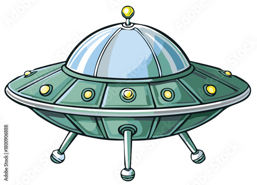 Cartoon illustration of a retro green UFO flying saucer with lights and landing gear