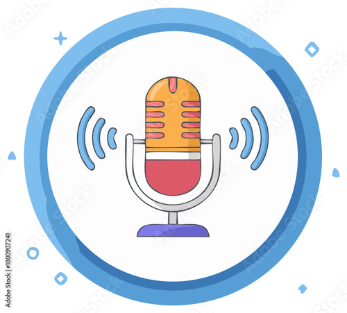 Colorful retro microphone icon with sound waves. Podcast, radio, and broadcasting concept illustration.
