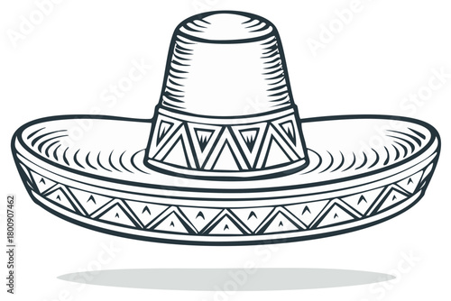 Mexican Sombrero Hat Sketch with Geometric Pattern Outline Illustration