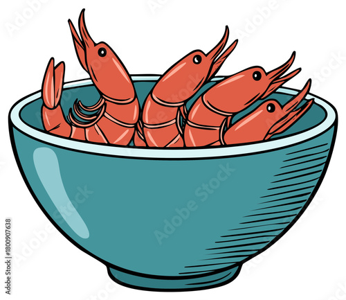 Serving bowl of boiled red shrimp appetizer cartoon food illustration