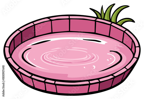 Pink pet water bowl illustration with grass accent offers a refreshing drink in a modern design cartoon animal care symbol