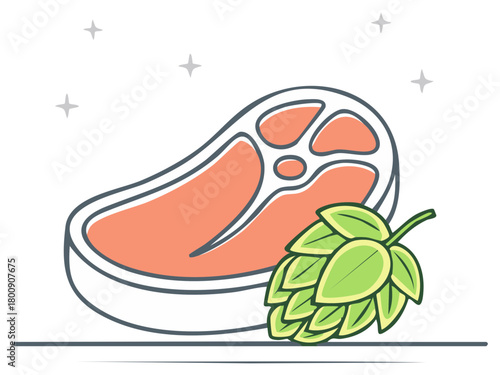 Vector line art icon of a raw beef steak and fresh hop cone for brewery or restaurant menu