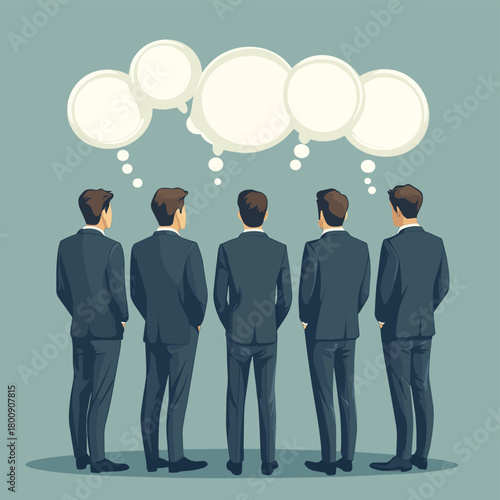A group of businessmen in suits stand with their backs to the viewer, contemplating ideas represented by empty thought bubbles above them.  , vector style simple color