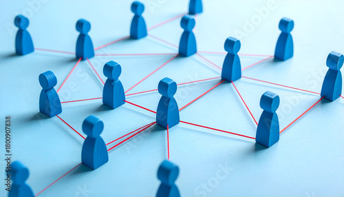 Human connections with blue figures and red linking lines, symbolizing networking and interaction.