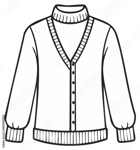 Cardigan sweater over a turtleneck line art drawing coloring book page vector illustration