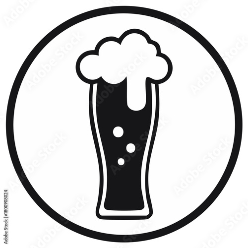 Black and white beer glass icon inside a circular frame.