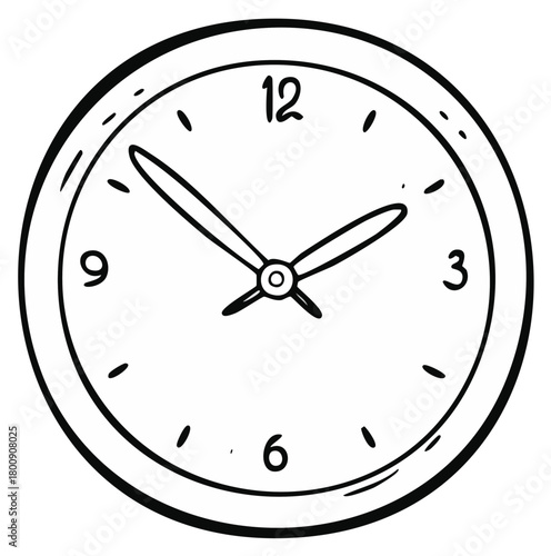 Classic round analog wall clock in a simple black and white hand drawn sketch style