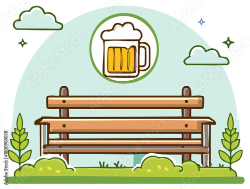 Cartoon scene with beer mug above a bench on grass, surrounded by stylized plants and clouds, representing outdoors.