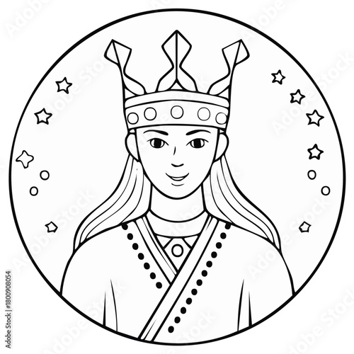 Stylized illustration of a royal figure wearing a crown and robes surrounded by stars