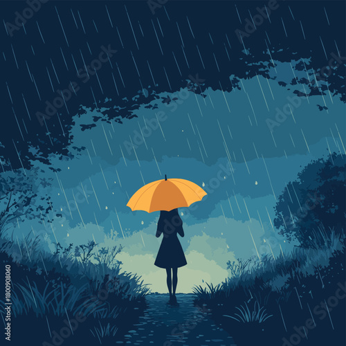 A sentient umbrella shielding from negative energies and thoughts on a rainy moody landscape. Sentient Storms. Illustration  , vector style simple color