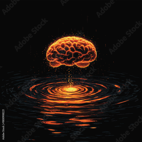 A surreal image of a brain hovering above water with orange neural glow, creating ripples
