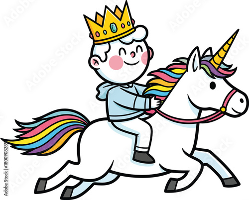 Cute cartoon prince with a golden crown joyfully riding a white unicorn with a vibrant rainbow mane.