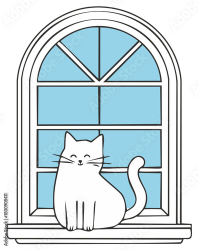 Cartoon domestic cat illustration sitting on window sill, looking cute and happy in a white frame against a light blue background.