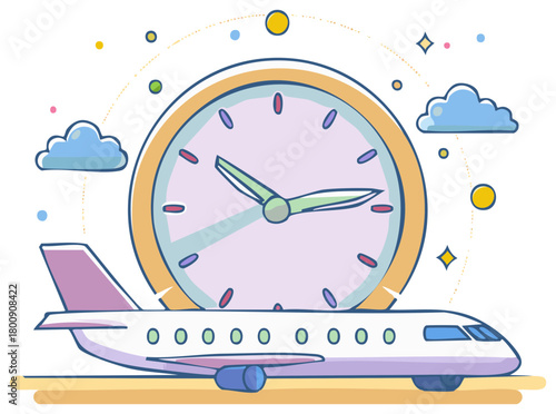 Travel time concept with passenger airplane and large clock illustration