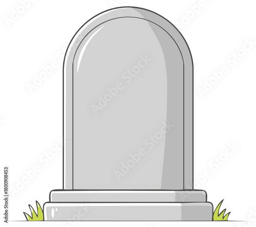 Simple gray cartoon tombstone illustration with an arched top and green grass accents