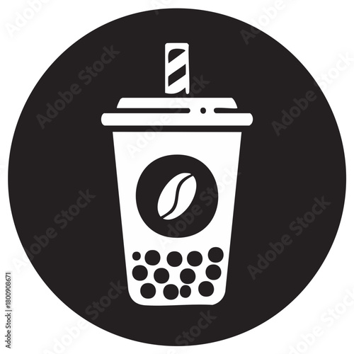 White graphic of a beverage in a cup with straw and coffee bean on a black round backdrop