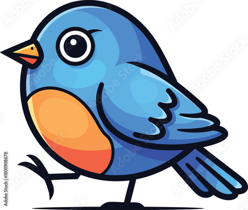 Cute walking blue cartoon bird with a round body orange chest and large friendly eyes.