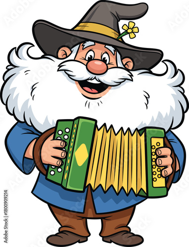Happy Cartoon Gnome with a Fluffy White Beard Playing a Green Accordion.