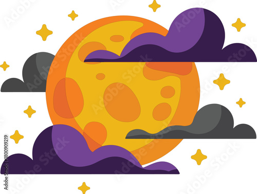 Full moon vector with dark clouds and sparkling stars against a black night sky backdrop