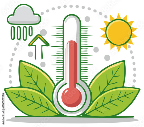 Climate Change Illustration with Thermometer, Sun, Cloud, Leaves and Upward Arrow