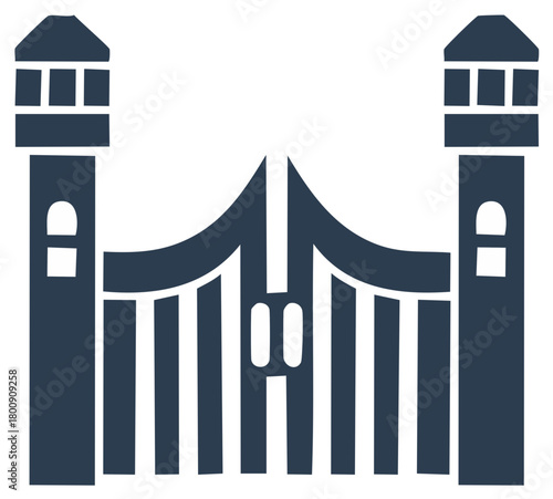 Stylized illustration of a closed gateway with towers in dark blue on a white background