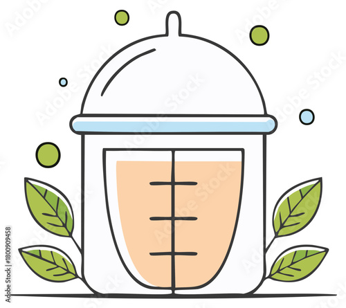 Baby food container illustration with liquid and leaves decoration isolated on white background