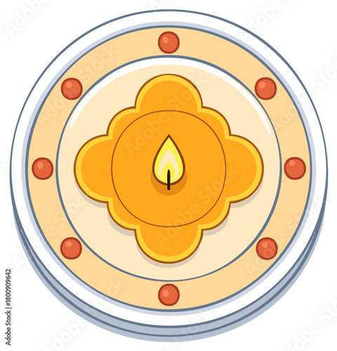 Decorative burning candle in ornate dish with glowing flame and traditional accents