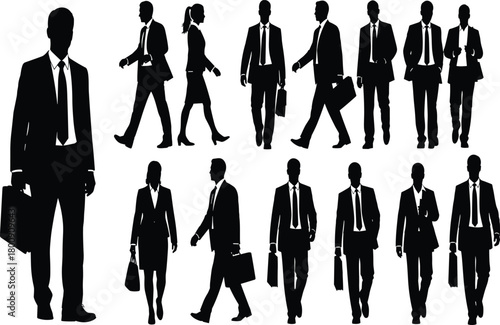 Collection of business people silhouettes. Professional men and women in suits walking and standing. Corporate worker vector icon set.