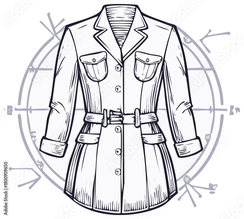 Classic Belted Trench Coat Fashion Illustration in Detailed Line Art Style