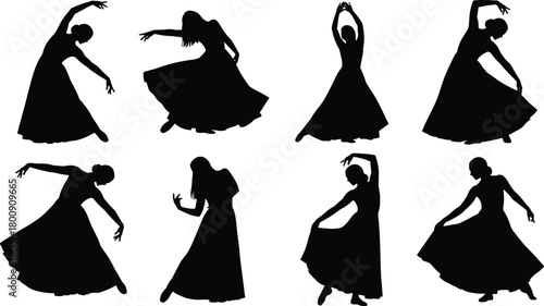 Dancer silhouette vector set. Collection of 8 women in long dresses in various graceful dance poses.