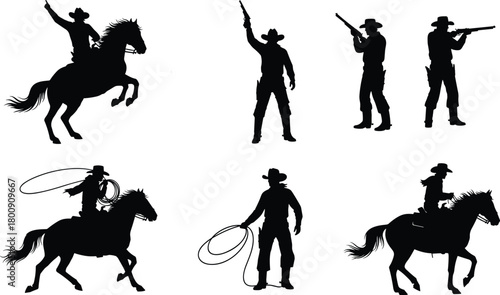 Cowboy silhouette vector set. Wild West characters riding horses, aiming guns, and holding a lasso. Isolated collection.