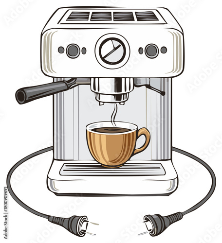 Hot coffee brewing in a cup under an espresso machine with detached power cord