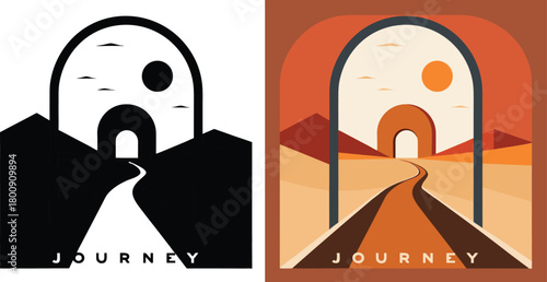 Embark on a captivating desert adventure through ancient archways towards a radiant sun, symbolizing hope and exploration.