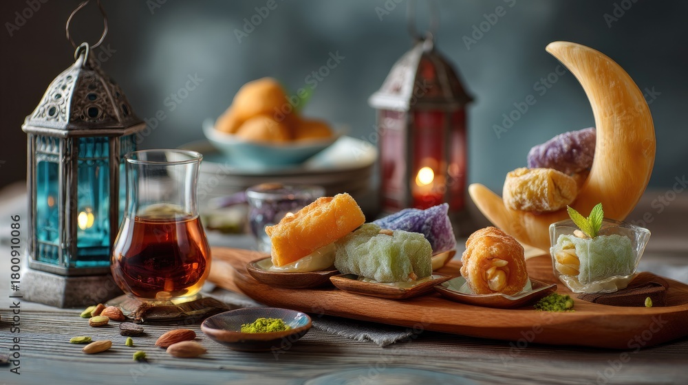 Fototapeta premium Warm and Inviting Asian Dessert Table with Colorful Delicacies and Traditional Lanterns