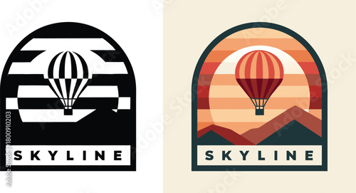 Stunning vintage hot air balloon soaring over majestic mountain ranges at sunset, evoking adventure and freedom