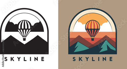 Vibrant hot air balloon gracefully ascends over majestic mountain peaks at sunset, capturing adventure and freedom's essence