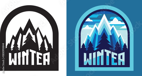 Bold "WINTER" text design featuring stylized snowy mountains and pine trees within an arched frame, perfect for seasonal promotions and adventure brands.