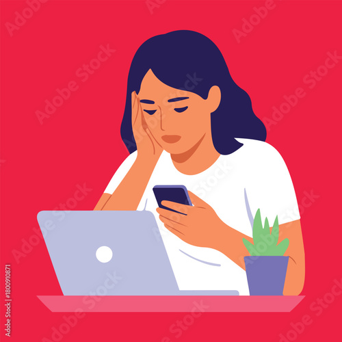 Distracted Woman on Phone Procrastinating with Laptop | Work Burnout and Social Media Addiction Vector