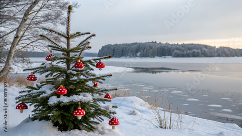 A charming christmas tree adorned with mushroom ornaments stands on a snowy bank by a frozen lake, creating a festive winter scene with a serene backdrop