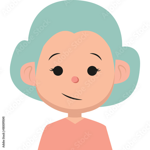 Cartoon Portrait of a Young Woman with Blue Hair and a Pink Shirt Smiling with a Slight Tilt of Her Head and a Transparent Background