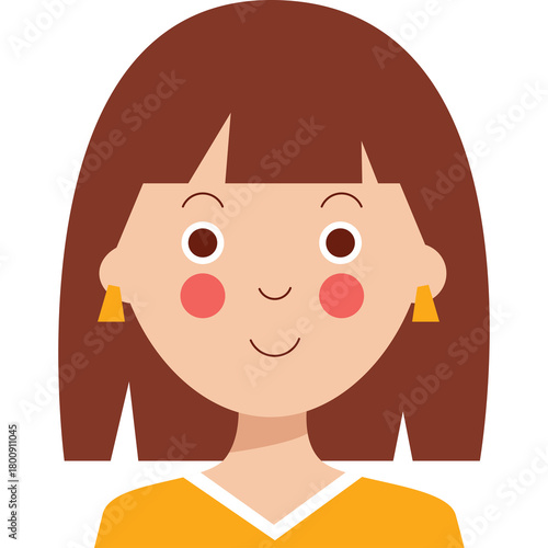 Cartoon Portrait Of A Young Woman With Brown Hair And Orange Shirt Wearing Yellow Earrings Smiling Happily Isolated On White Background