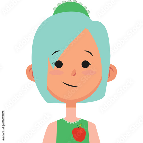 Cartoon Portrait of a Young Woman with Light Blue Hair and Pink Cheeks Wearing a Green Top with an Apple Emblem Isolated on a Transparent Background