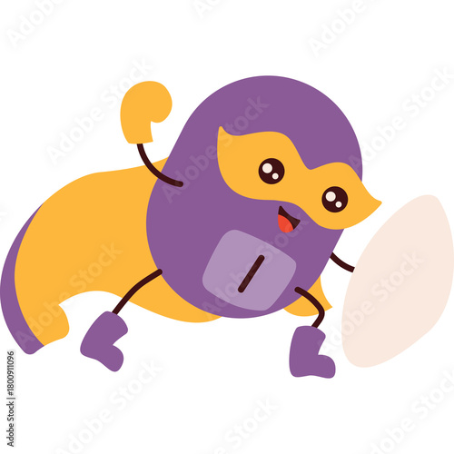 Cartoon Purple And Yellow Creature Wearing Wrestling Mask And Gloves Posing With Shield In Playful Stance