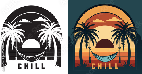 Escape to paradise with a vibrant sunset, swaying palm trees, and a relaxing hammock, inviting pure tranquility and vacation bliss.