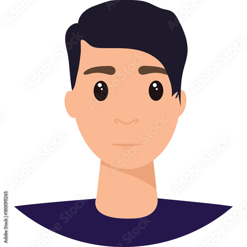 Cartoon Portrait of a Young Man with Dark Hair and Expressive Eyes Wearing a Dark Blue Shirt on a Transparent Background