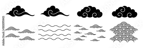 Black and White Traditional Asian Cloud and Wave Motifs