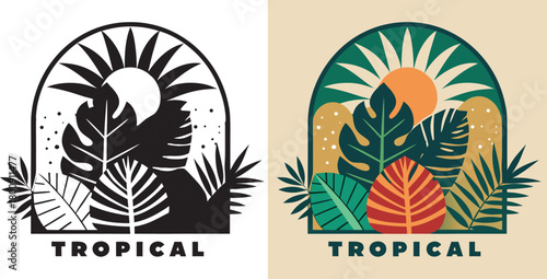 Vibrant tropical foliage with a radiant sun design evokes vacation vibes and exotic adventure