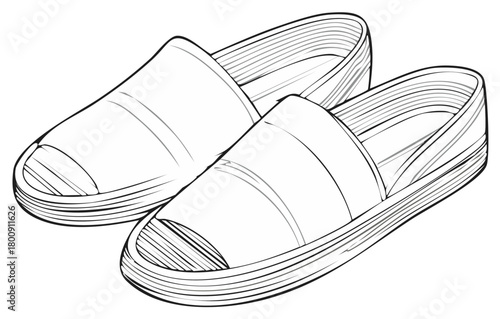 Simple black and white outline illustration of two slip-on espadrille shoes