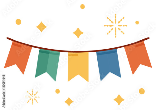 Colorful festive party bunting flags with decorative stars and sparkles for celebration decoration
